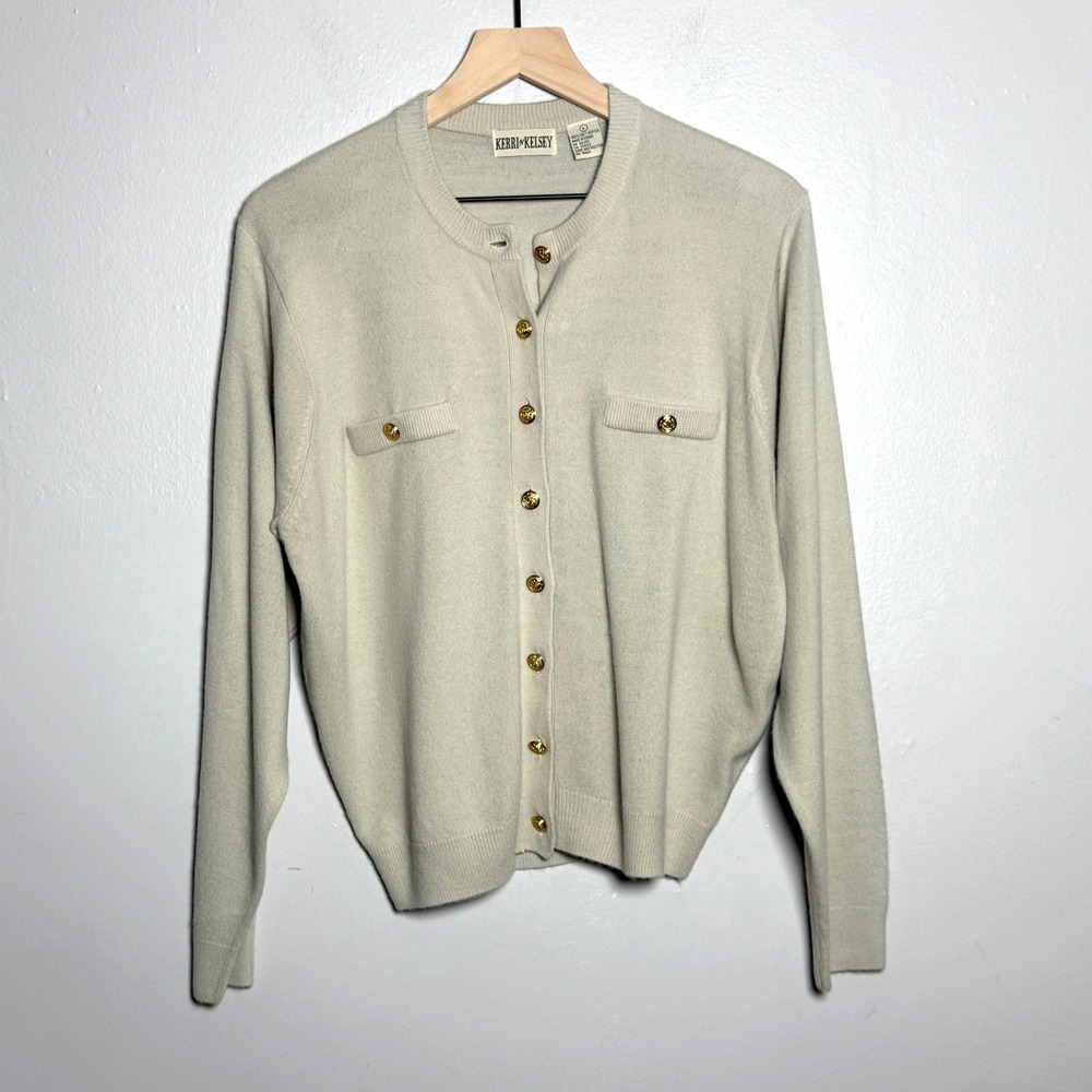 Kerri N Kelsey Womens Cardigan Sweater L Beige Gold Academia Preppy Classic Soft